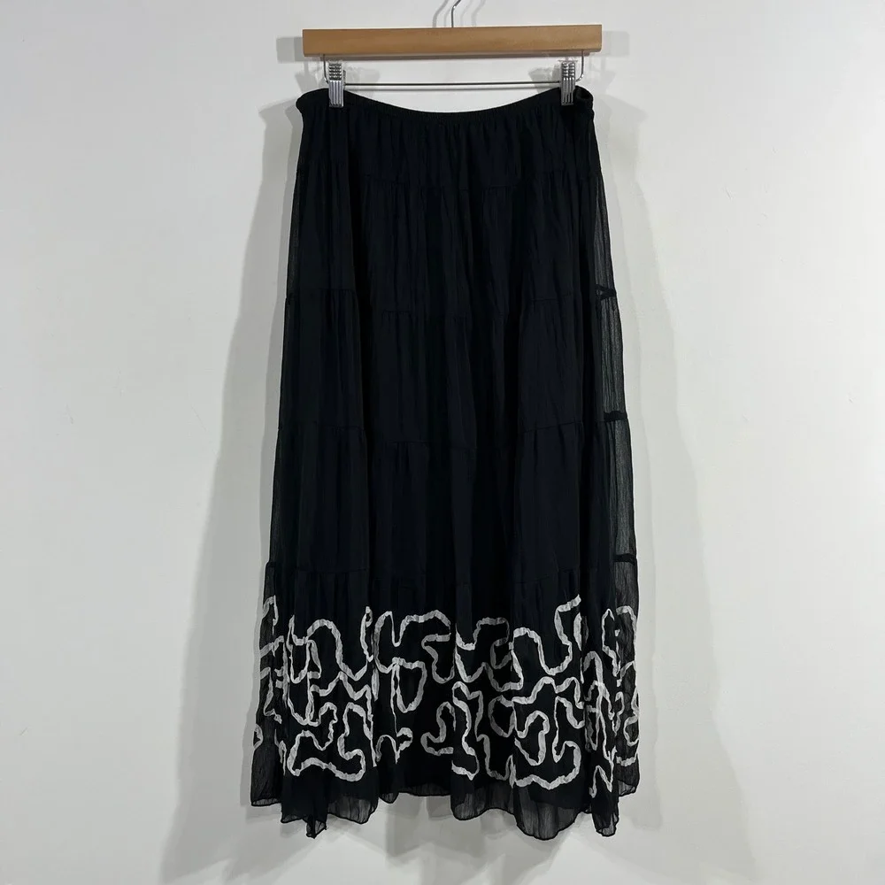 Rafael VTG 90s Fairy Grunge Black Tiered Maxi Skirt Embroidery Boho Womens Large